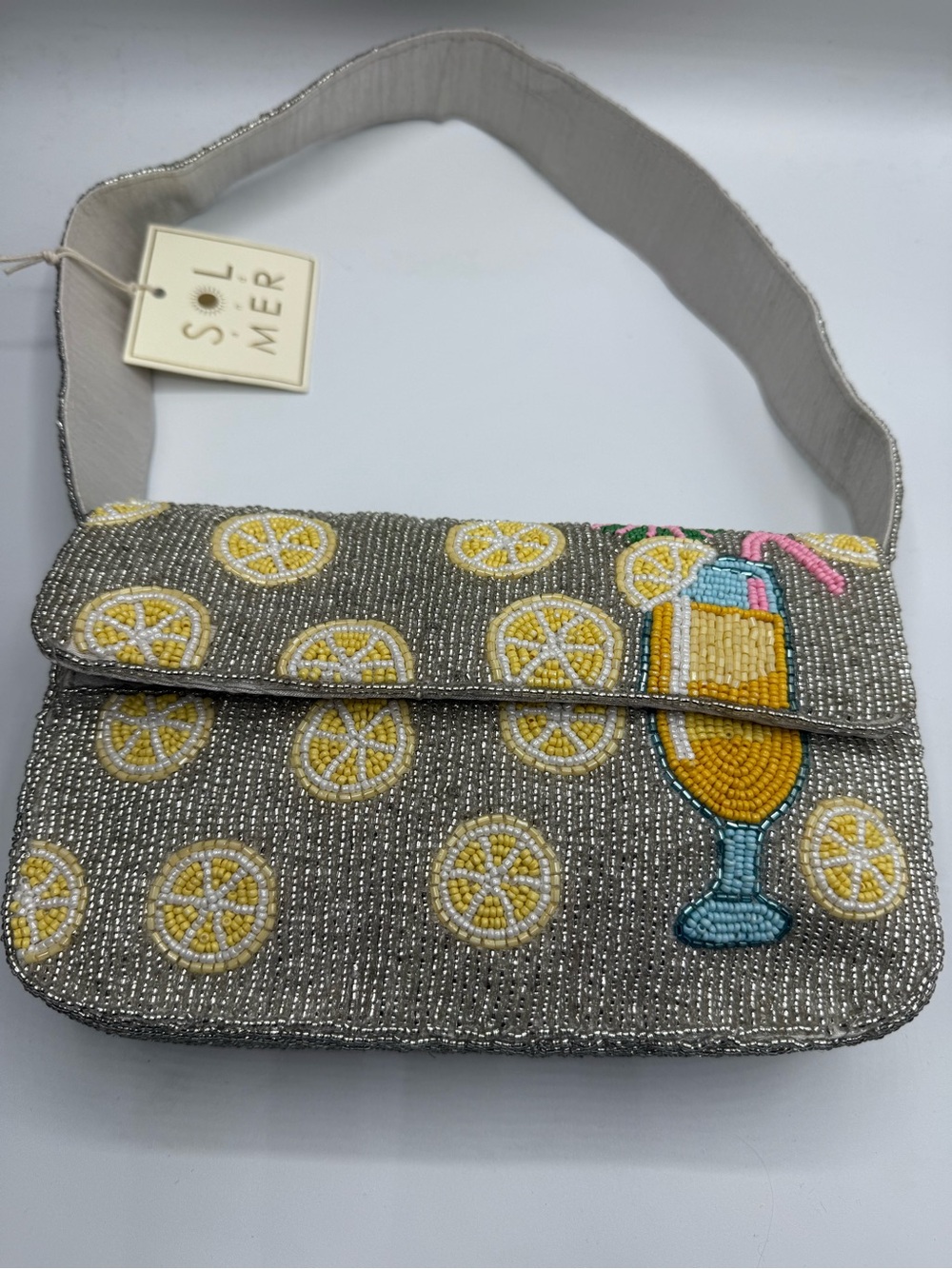 Sol & Mer Beaded Lemon Cocktail Shoulder Bag Purse Silver Yellow